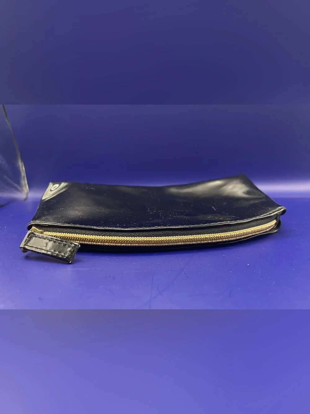 Vintage Glossy Black Patent Leather Cosmetic Bag Gold Zipper Small